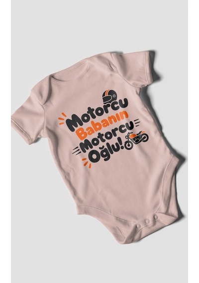 Morivokids Motorcu Babanın Motorcu Oğlu Kısa Kollu Bebek Body %100 Pamuk Pastel Pembe