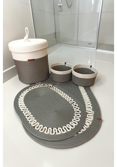 El Yapımı Dekoratif Örgülü Model 5'li Banyo Seti 2 Li Paspas 50x80 Cm Ve 40x60 Cm + Sepetler 18x18 Cm & Çamaşır Sepeti 35x33 Cm Gri
