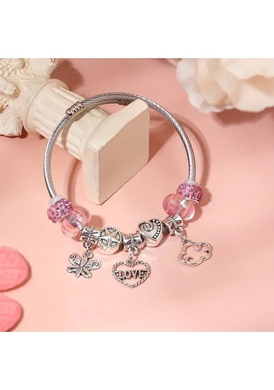 Aşk Love Temalı Kalp Pembe Charmlı Bileklik Gümüş