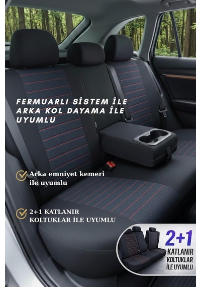 Lifos Serisi Koton Kumaş Universal Oto Koltuk Kılıfı Tam Set Siyah Kırmızı Genel