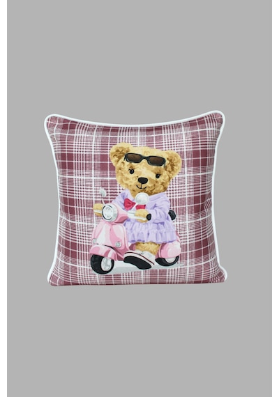 Kırlent Kılıfı Ayıcık Desenli 45x45 Raşel Örme Kadife Çift Taraflı Dijital Baskı Beyaz Biyeli Çok Renkli