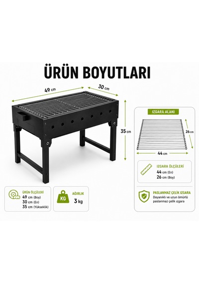 Dtagas Bahçe, Kamp Ve Piknik Için, Katlanabilir Ayaklı, Çelik Gövdeli Profesyonel Mangal Siyah