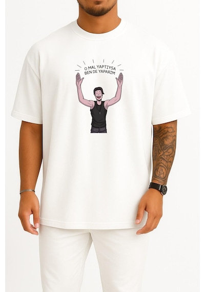 Bahriyeli Collection Oversize O Mal Yaptıysa Bende Yaparım Motivasyon Göğüs Tasarımlı Unisex T-shirt Beyaz