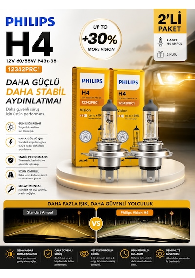 H4 Vision +30% Daha Fazla Işık Far Ampulü 2'li Set Gün Işığı Rengi Uzun Ömürlü