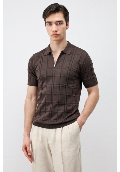Antioch Kareli Desenli Erkek Triko T-shirt Kahverengi