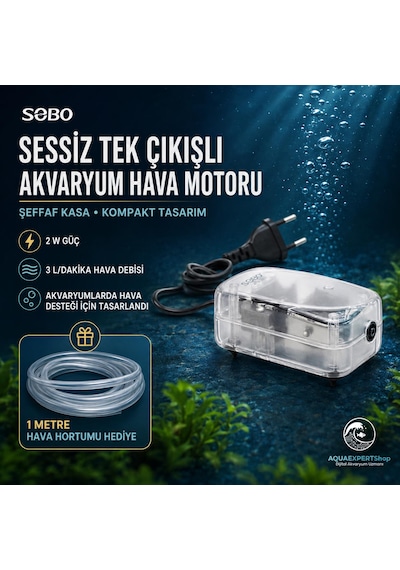 Sobo Sessiz Hava Motoru - Tek Çıkışlı - Şeffaf Tasarım - 1 Metre Hava Hortumu Hediye - 2w - 3lt/saat