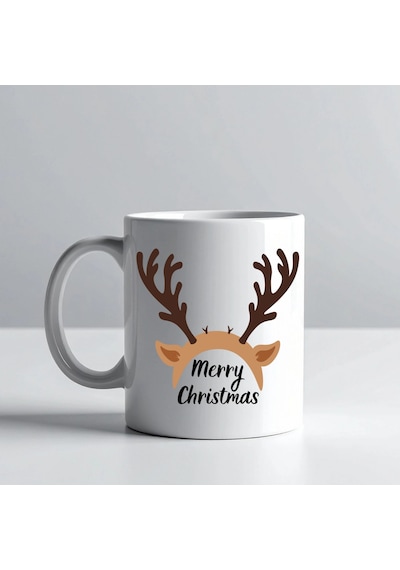 Merry Christmas Geyik Boynuzu Tasarımlı Kupa Model 235 Yılbaşı Temalı Seramik Kahve Kupası Çok Renkli