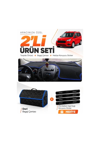 Ford Courier 2013-2020 Ekransız Uyumlu Torpido Örtüsü + Deri Bagaj Çantası + Sticker - Siyah Mavi