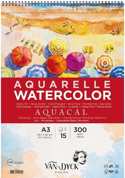 Aquacal Coldpres A3 Üstden Spiralli Suluboya Blok 15 Yaprak İnce Dokulu