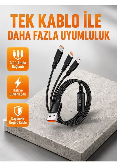 3 Ü 1 Arada Şarj Kablosu Type-c İos Android Uyumlu Hızlı Ve Güvenli Şarj 94911200