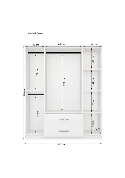 Metalia Gm0035 Esil 4 Kapılı 2 Çekmeceli Aynalı Gardrop Dolap Beyaz
