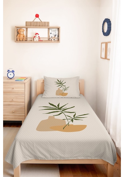 Botanik Yeşil Genç Odası Tek Kişilik Pike Takımı - Minimal Bej 160x220 Cm Kapitone Yatak Örtüsü Kumlu Yün Serinliği