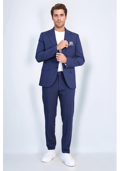 Lacivert Slim Fit İki Düğmeli Keten Görünümlü Erkek Takım Elbise - Wessi