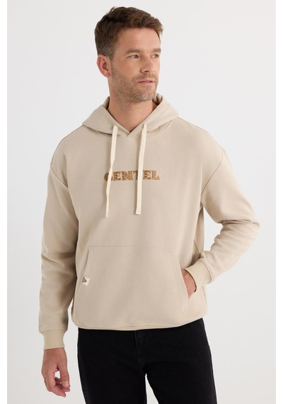 Tudors Erkek Oversize Geniş Kesim Pamuklu Baskılı Bej Kapüşonlu Sweatshirt-37296 Bej