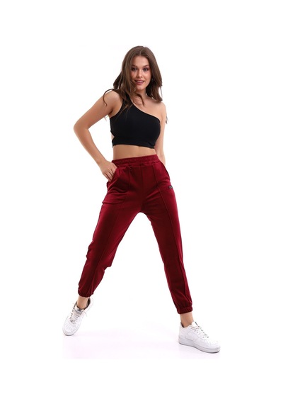 Winmoda34 Kadın Yumoş Kadife Eşofman Paçası Lastikli Çift Cepli Bordo1