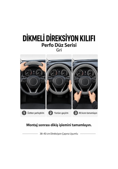 Trobus Kia Sorento 2015-2023 Uyumlu Dikmeli Direksiyon Kılıfı Perfo Düz Delikli Deri Gri
