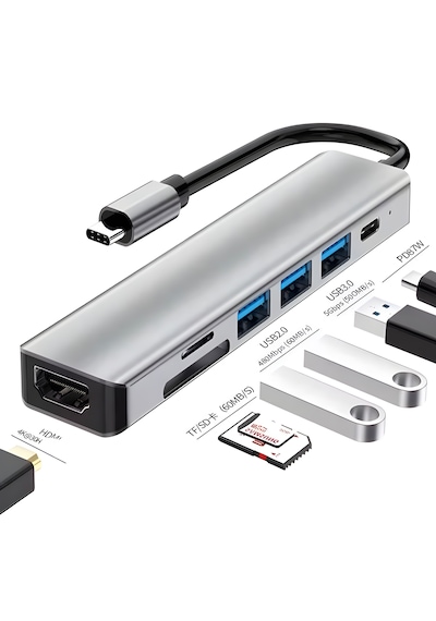 7in1 Aluminiumusb Çoklayıcı Çevirici Pd100w Hızlı Şarj 4k 60hz 1xhdm 3xusb 1xtype-c Tf/sd Gri