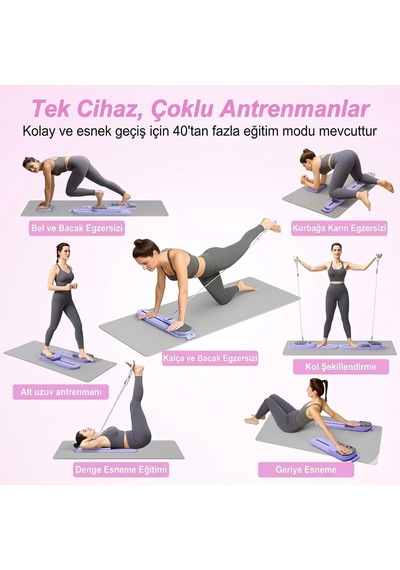Fonksiyonlu Hareketli Pilates & Mekik Tahtası - Raylı Sistemli Tüm Vücut Kondisyon İstasyonu Mor