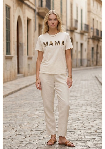 Kadın Ekru Mama Baskılı Leopar Desenli Basic Tişört Yumuşak Dokulu Rahat Pamuklu Yazlık T-shirt Bej