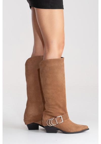 Luvishoes Helıos Toprak Süet Hakiki Deri Tokalı Kadın Western Çizme Toprak