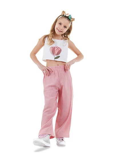 Denokids Çiçekli Kız Çocuk Pembe Müslin Pantolon Takım Renkli Çok Renkli