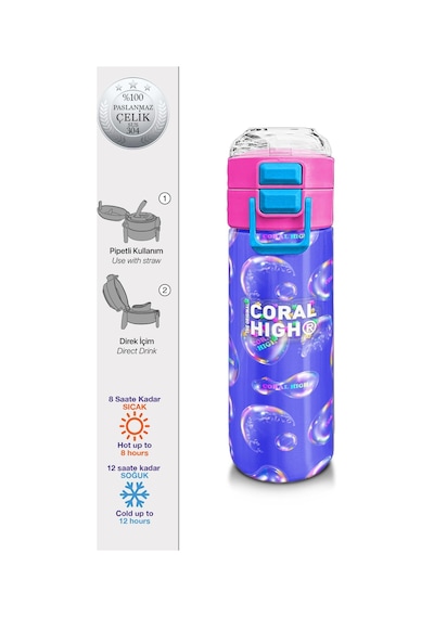 Coral High Kids Lavanta Pembe Baloncuk Desenli Pipetli Ve Direkt İçim Çelik Termos 500 Ml 31981 Lavanta - Pembe