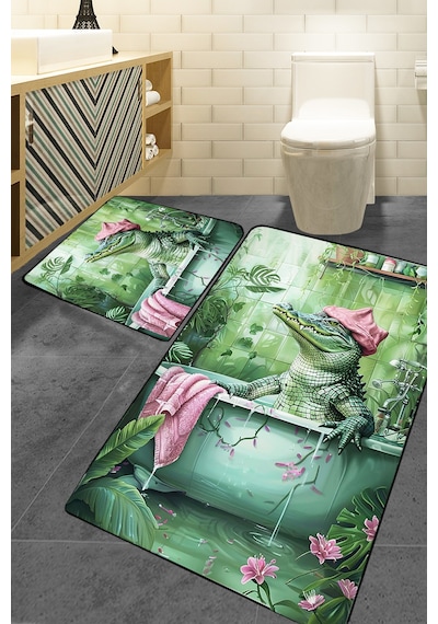 Crocodile 2'li Banyo Paspası,kaymaz Tabanlı,yıkanabilir 60x100 50x60 Cm Djtbanyo Renkli