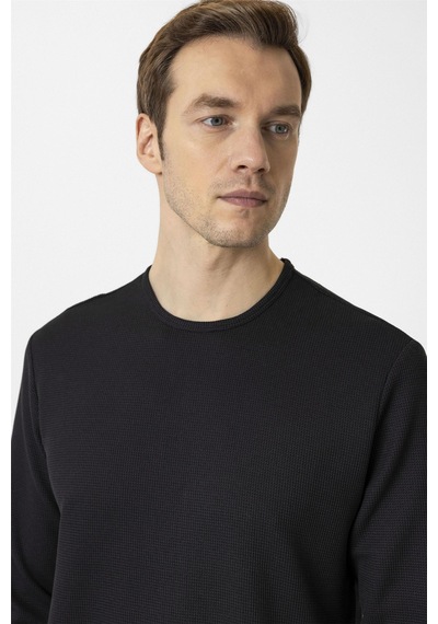 Süvari Siyah Slim Fit Armürlü Bisiklet Yaka Sweatshirt