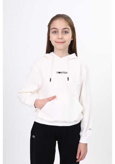 Toontoy Kız Çocuk Oversize Kapüşonlu Cepli Düşük Omuz Baskılı Sweatshirt - 2 İplik Ekru