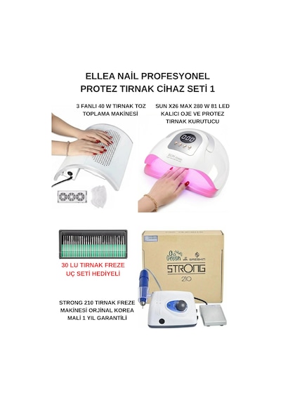 Protez Tırnak Cihaz Seti 210 Freze Cihazı & 3 Motorlu Tırnak Toz Toplama & Sun X26 Max Uv 81 Led