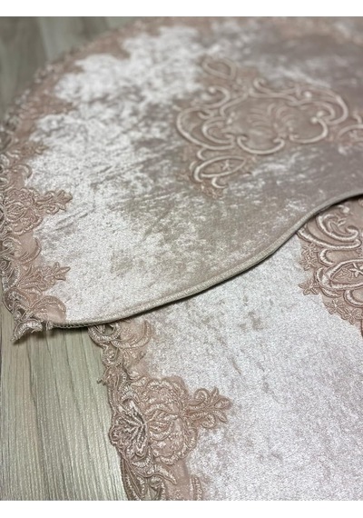 Tr Milas Kaymaz Taban, Kadife Dantel Detaylı 2'li Süper Lüks Oval Banyo Paspası Seti, Pembe, 60x100 Cm Genel