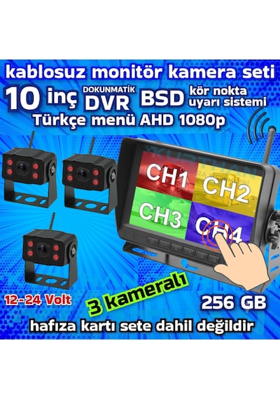10 İnç Dvr Dokunmatik 3 Adet Kablosuz Kamera Ahd 1080p Monitör Bsd Kör Nokta Sistemli 12 24 V