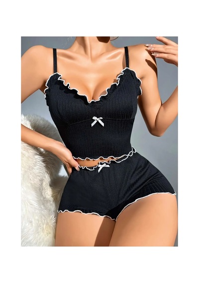 Kadın Siyah Fitilli Askılı Şortlu Pijama Takım 5042