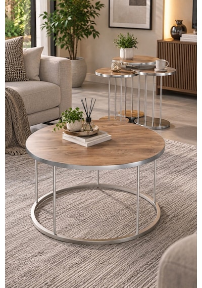 Sulorahome Ceviz Desenli Kahverengi 4'lü Sehpa Seti Gümüş Metal Ayaklı