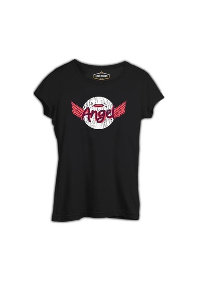 Angel Writing With A Halo And Wings Siyah Kadın Tshirt 001