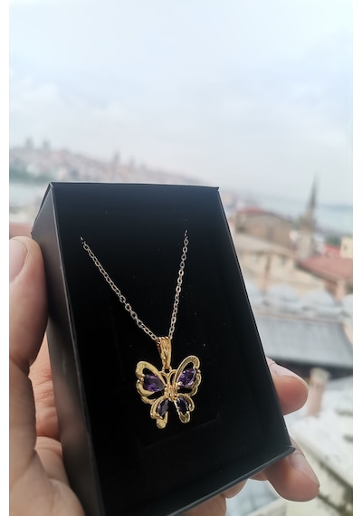 Ervanur Altın Kaplama Mor Zirkon Taşlı Kelebek Kolye Altın