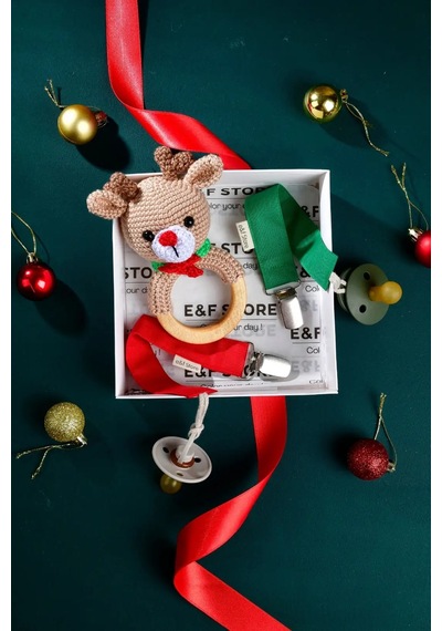 E&f Store Amigurumi Geyik Çıngırak Ve Emzik Askısı Yılbaşı Seti Çok Renkli