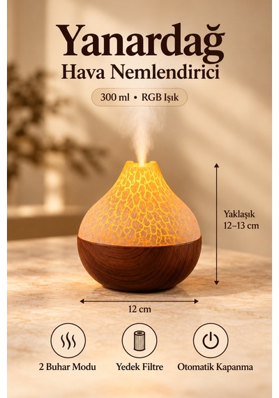 Hava Nemlendirici Buhar Makinası Led Işık Volkanik Alev Bambu Şık Tasarım