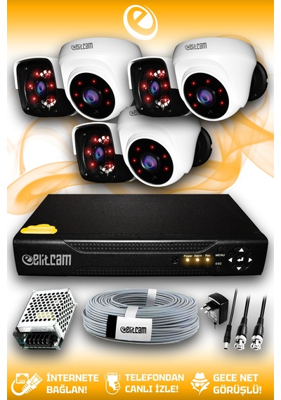 Elitcam 6 Kameralı Panda 3 İç Kamera Set HDD'siz Full HD Gece Görüşlü Güvenlik Kamerası Sistemi