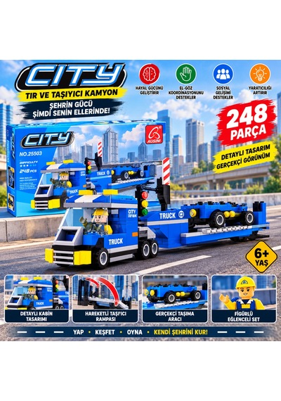 Tır Ve Taşıyıcı Kamyon Yapım Seti 248 Parça Şehir Temalı Figürlü Blok Oyuncak Seti