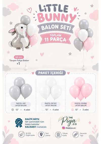 Little Bunny / Tatlı Tavşan Balon Seti 11 Parça Gri-beyaz-pembe