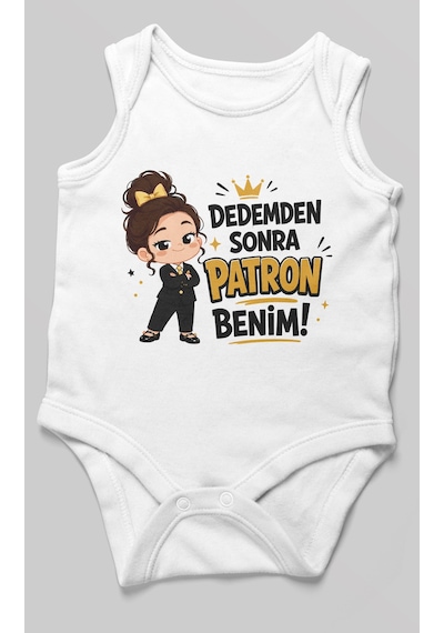 Morivokids Dedemden Sonra Patron Benim Sıfır Kollu Bebek Zıbını %100 Pamuk Beyaz