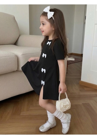Uyguntarz Kız Çocuk Siyah Mini Elbise Beyaz Fiyonk Detaylı Modern Tasarım