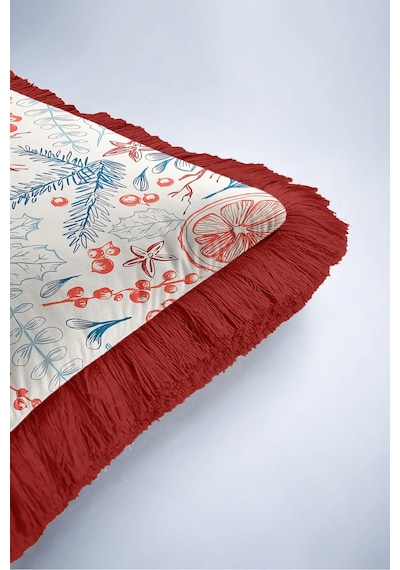 Yılbaşı Kozalaklı Saçaklı Yastık Kılıfı - Kış Bahçesi Ekru Mavi Bordo Püsküllü Kırlent Kılıfı Kadim Düş Lime