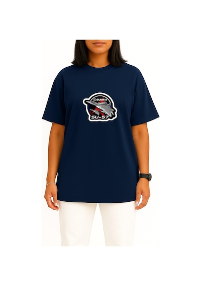 Bahriyeli Collection Oversize Sukhoi Su-57 Savaş Uçağı Göğüs Baskılı Unisex T-shirt Lacivert