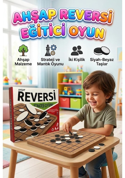 Ahşap Reversi 2 Kişilik Strateji Ve Zeka Geliştiren Eğitici Oyuncak Kutu Oyunu
