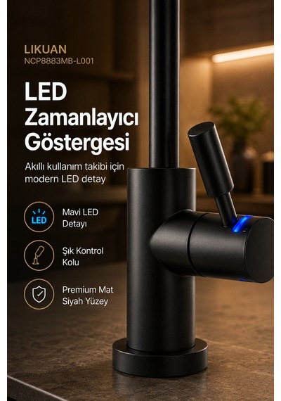 Likuan Ncp8883cp Premium Krom İçme Suyu Arıtma Musluğu Led Siz Kuğu Boyun Siyah