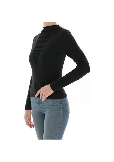 Qoolest Kadın Siyah Önü Tül Büzgü Detaylı Dik Yaka Slim Fit Örme Bluz Siyah