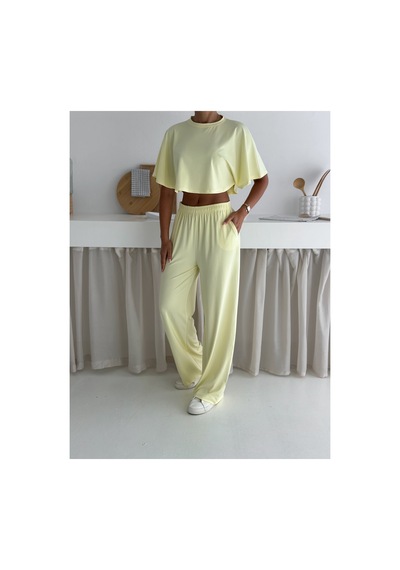 Gugus Yazlık Takım - Alt Üst Kadın Dokulu Kumaş -baggy Pantolon + Salaş Üst Sarı