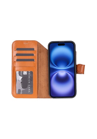 Bloomcase Magic Wallet Urban Tan Hakiki Deri Apple Uyumlu iPhone 17 Air 6.5" Cüzdanlı Telefon Kılıfı Taba
